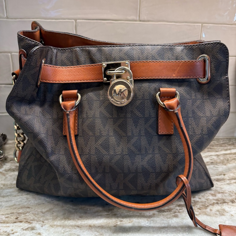 Michael Kors Hamilton Large Logo Satchel Shoulder Handbag Brown